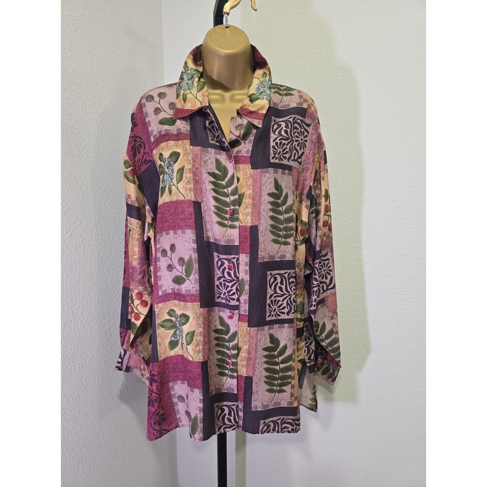 Silk Ncounter 100% Silk Button Up Shirt Womens Large Patch Print Office Career